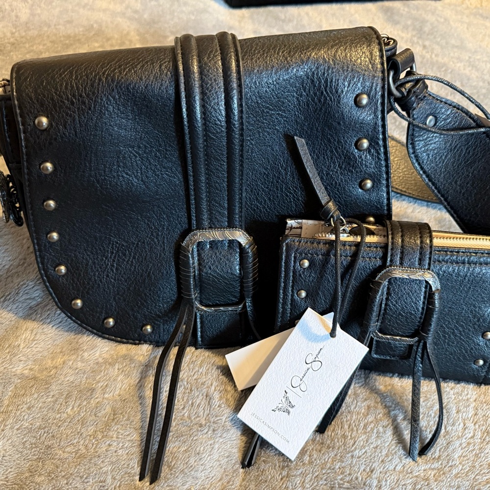 NWT Jessica Simpson Black Leather Crossbody Bag with Studs, and Matching Wallet